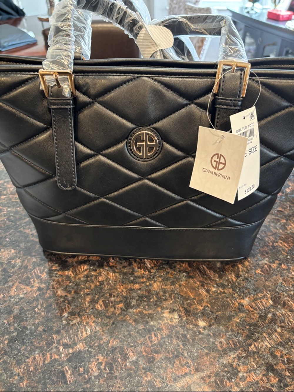 Giani Bernini Black Quilted Tote with Gold-Tone Hardware